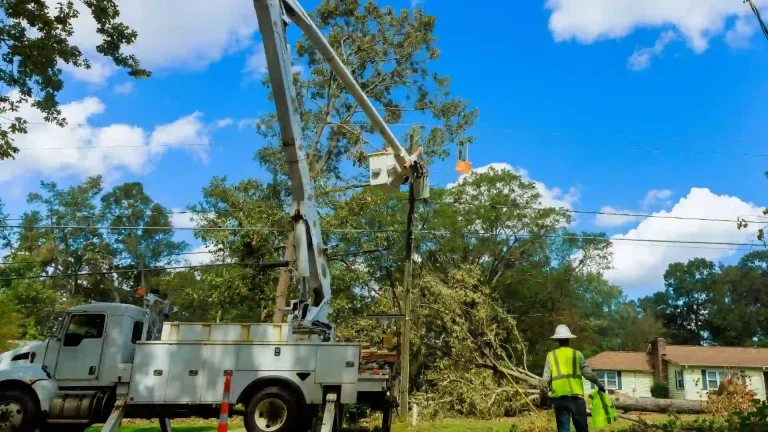 Tree near power lines being removed safely by professionals using crane and safety equipment